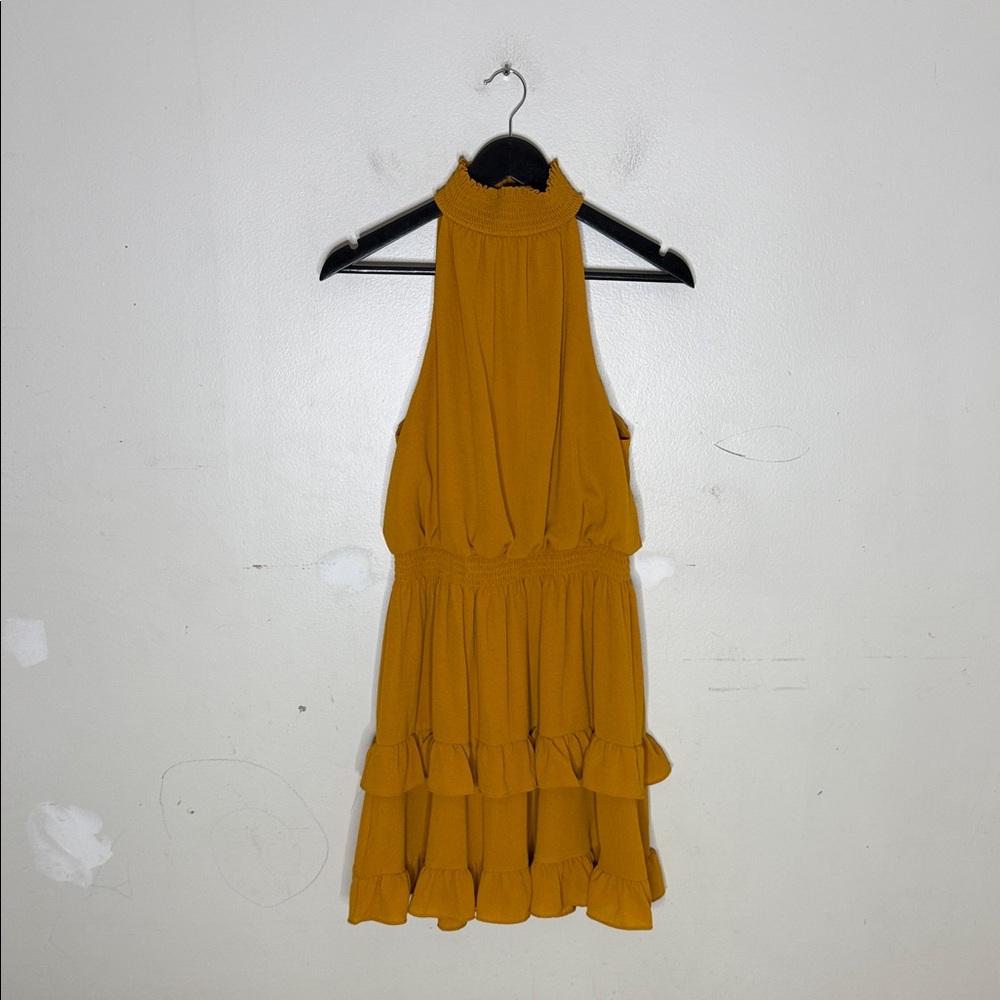 BCBG Paris Mustard Ruffle Detail High Neck Dress Size Medium